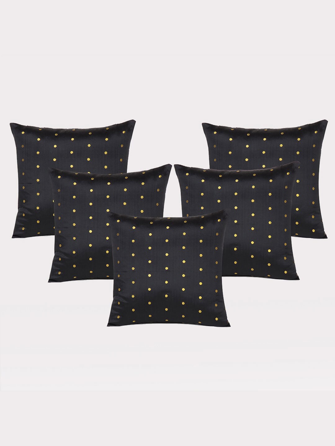 

OUSSUM Black & Gold-Toned 5 Pieces Polka Dots Art Silk Square Cushion Covers