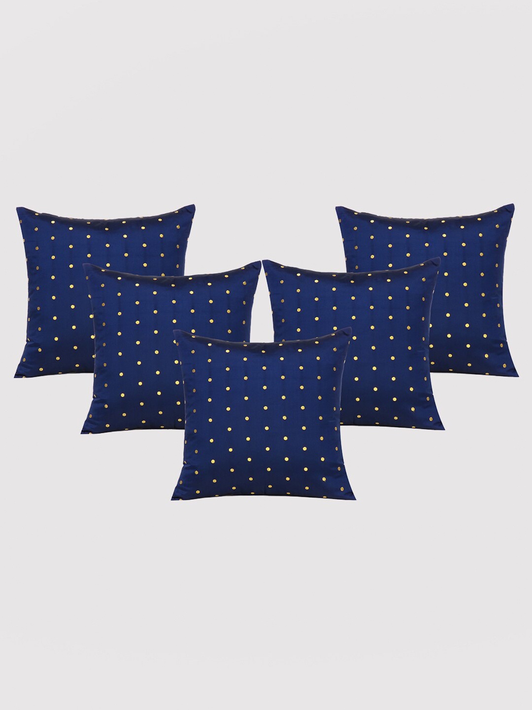 

OUSSUM Navy Blue & Gold-Toned 5-Pieces Polka Dots Art Silk Square Cushion Covers