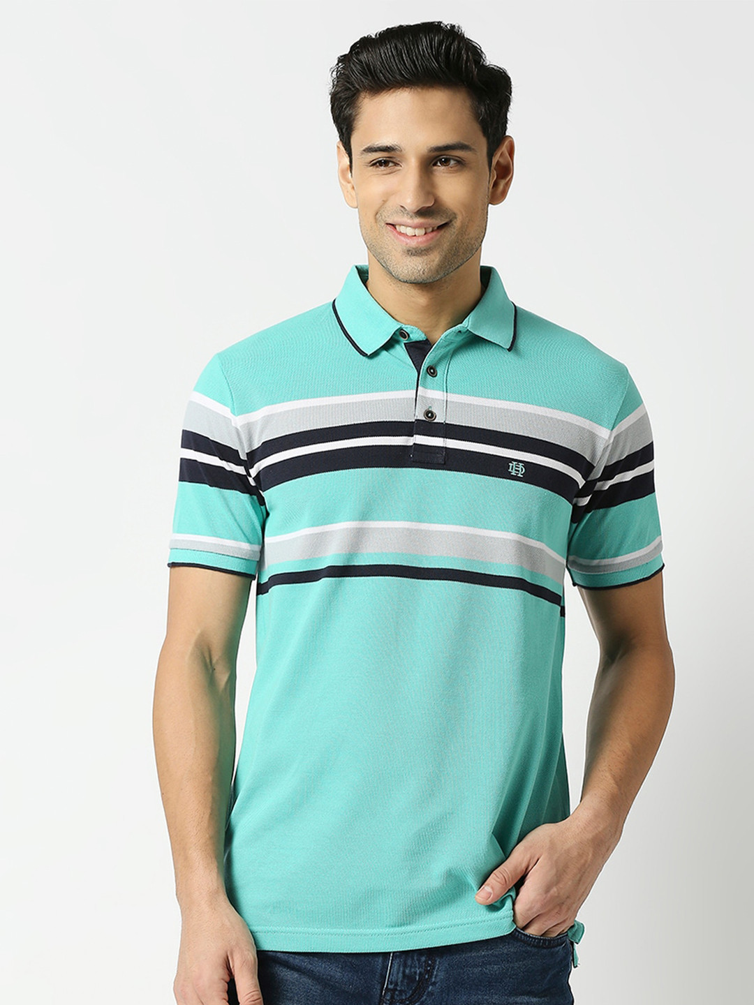 

DRAGON HILL Striped Polo Collar Cotton Slim Fit T-shirt, Sea green
