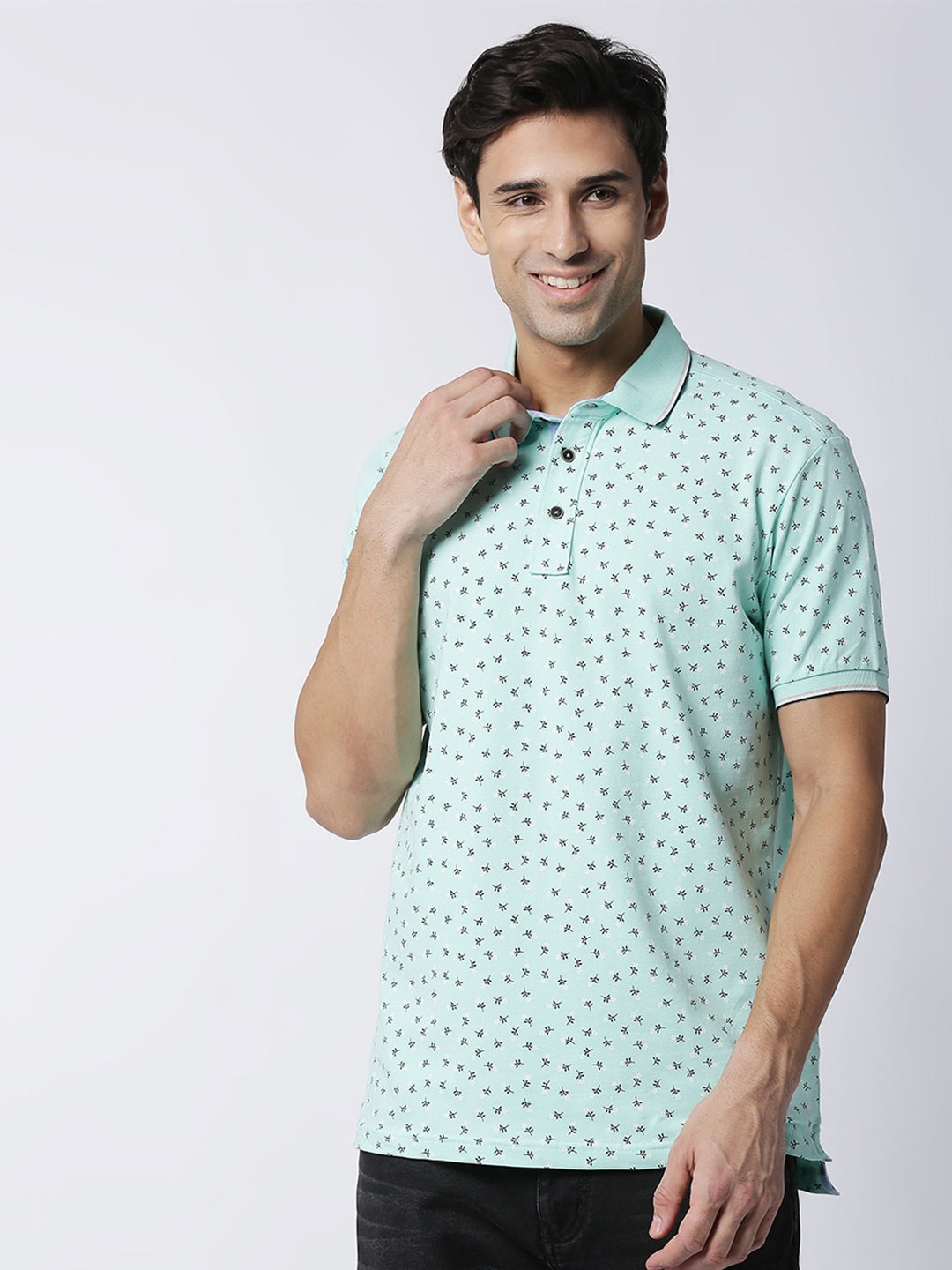 

DRAGON HILL Floral Printed Polo Collar Cotton Slim Fit T-shirt, Sea green