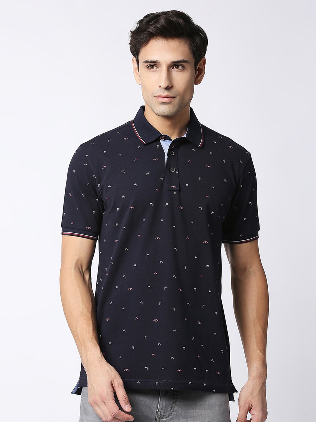 

DRAGON HILL Conversational Printed Polo Collar Cotton Slim Fit T-shirt, Navy blue