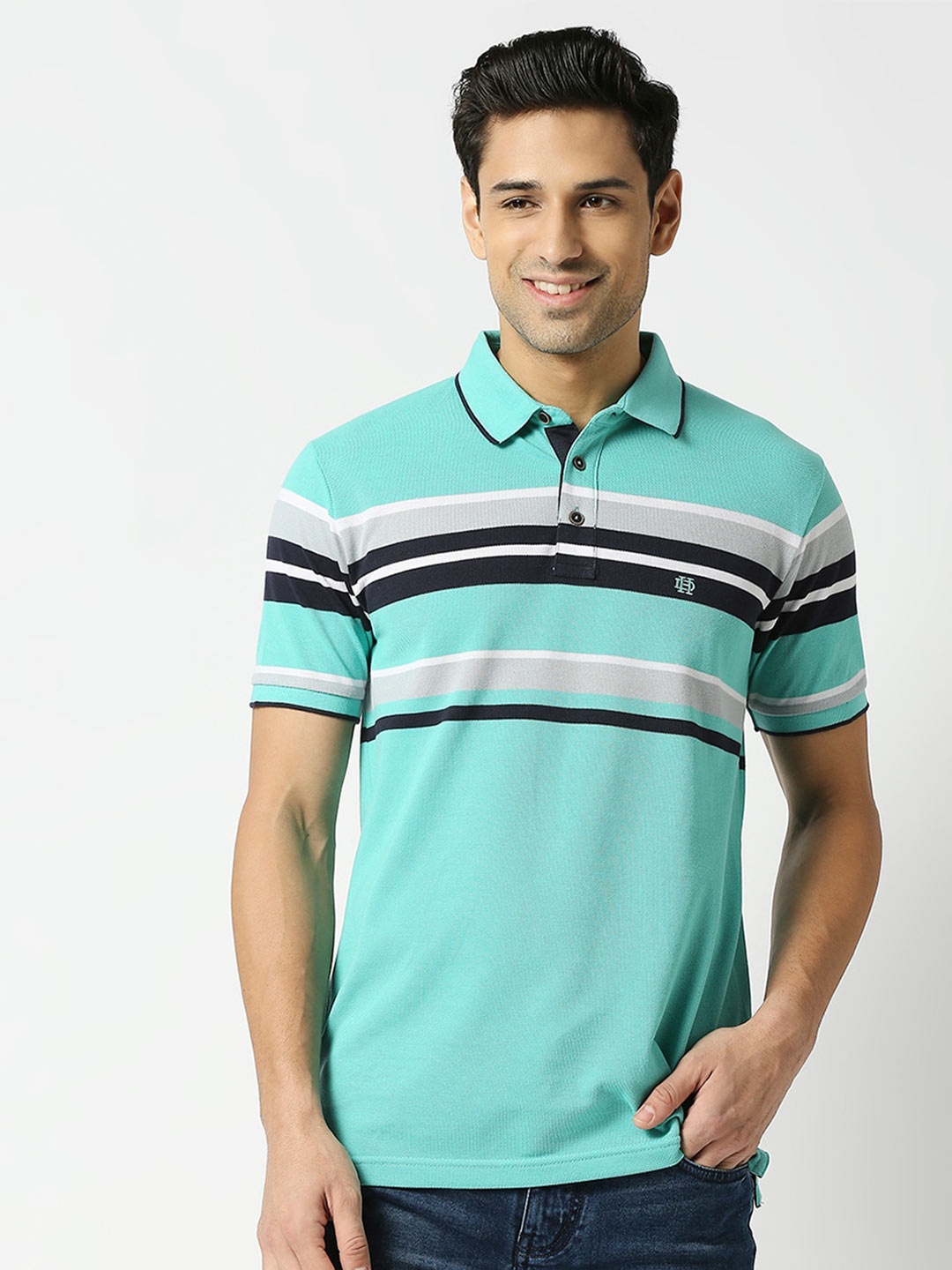 

DRAGON HILL Striped Polo Collar Cotton Slim Fit T-shirt, Sea green