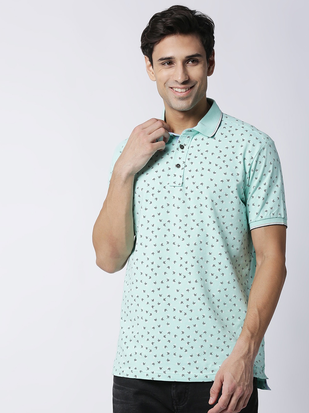 

DRAGON HILL Floral Printed Polo Collar Cotton Slim Fit T-shirt, Sea green