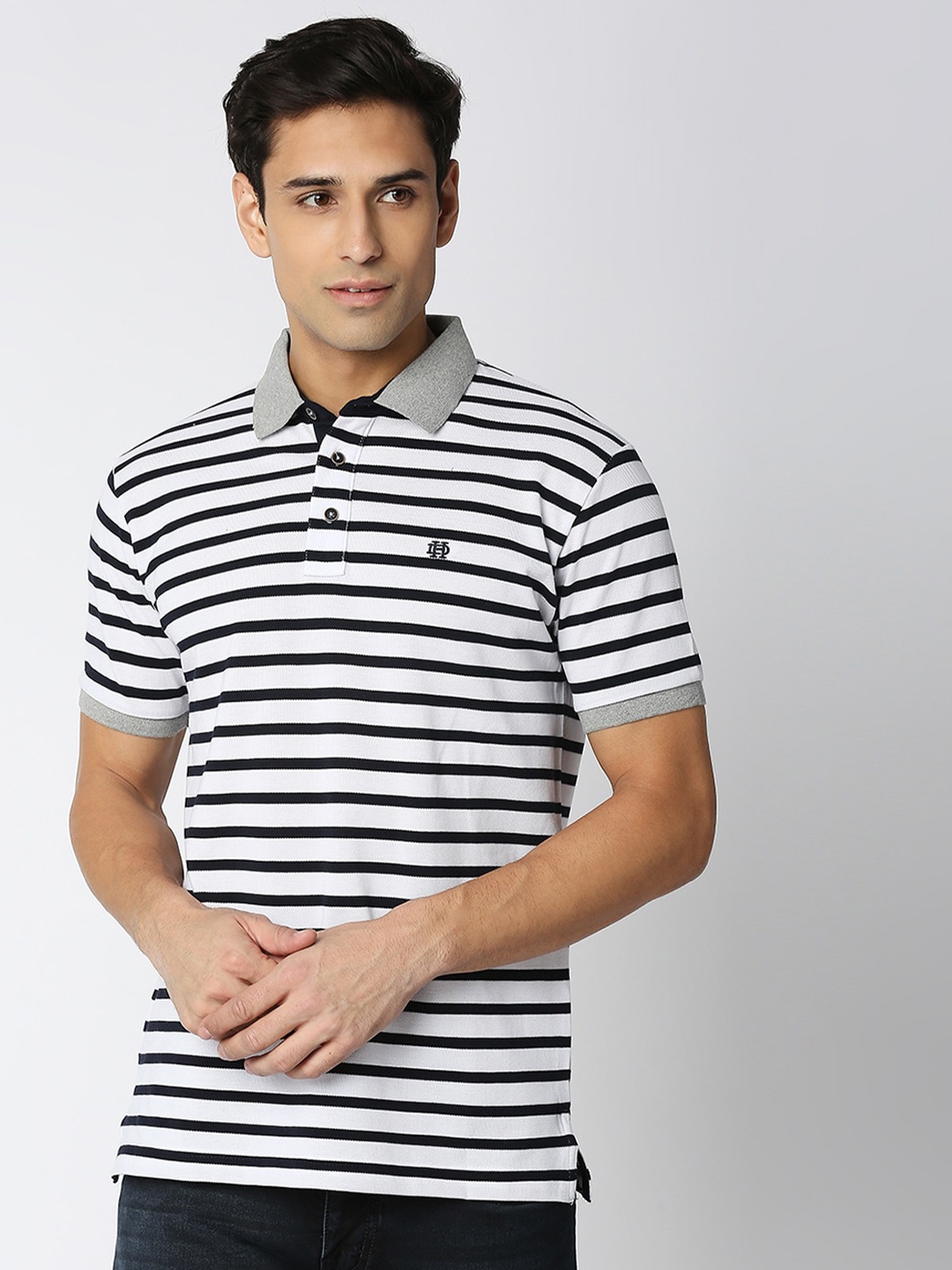 

DRAGON HILL Striped Polo Collar Cotton Slim Fit T-shirt, White