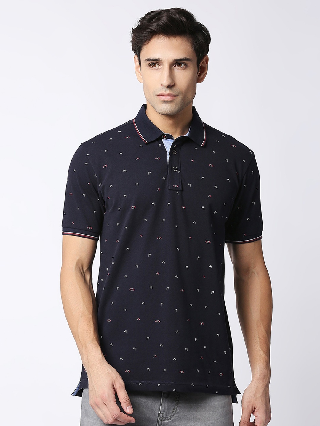 

DRAGON HILL Conversational Printed Polo Collar Cotton Slim Fit T-shirt, Navy blue