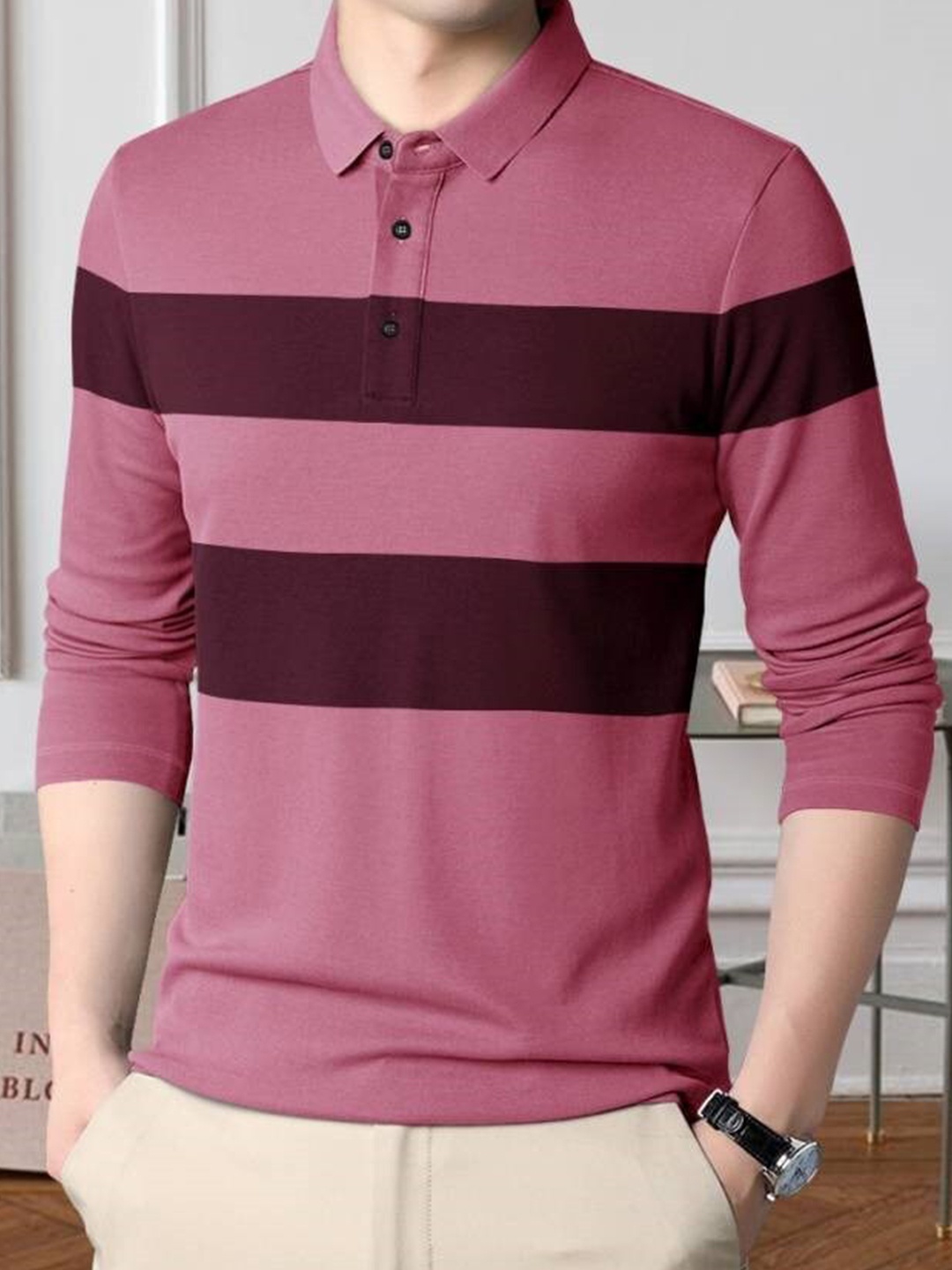 

AUSK Striped Polo Collar T-shirt, Peach