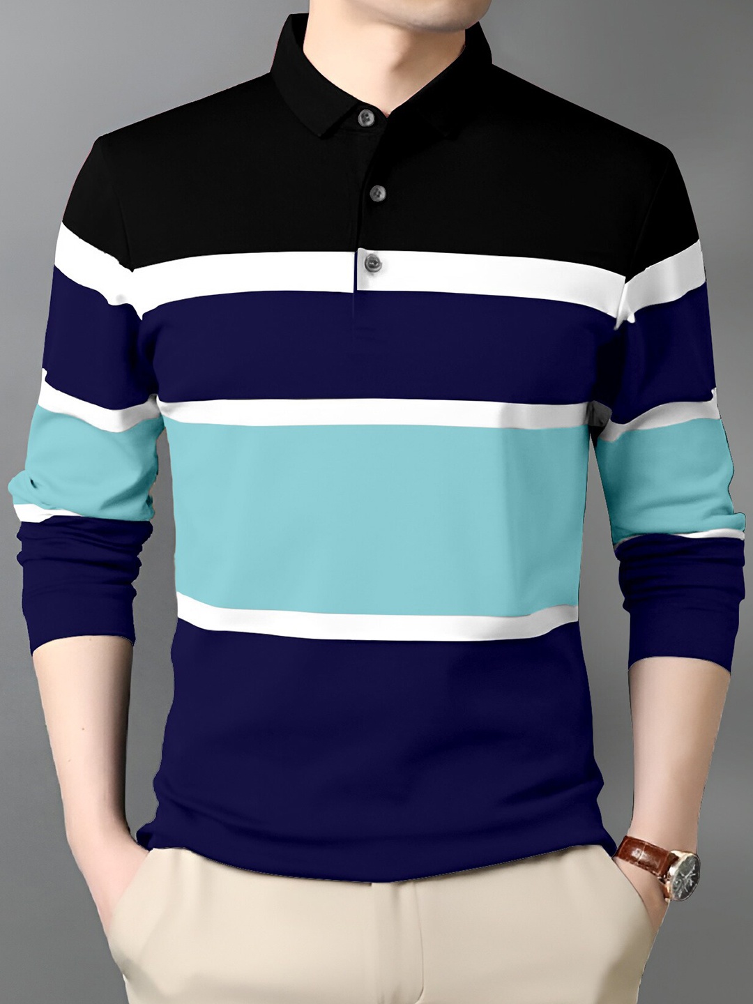 

AUSK Striped Polo Collar T-shirt, Blue