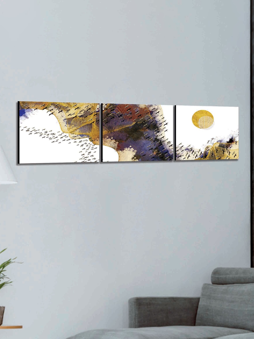 

SAF White & Blue 3 Pieces Modern Art Printed UV Coating Wall Art