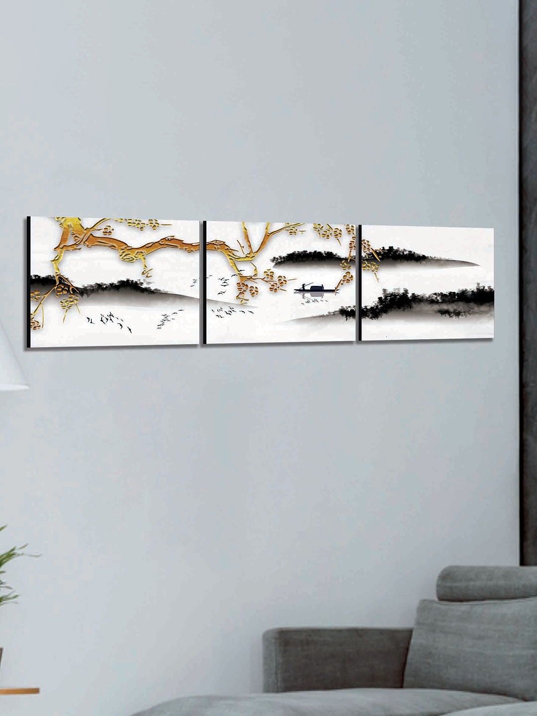 

SAF White & Gold 3 Pieces Modern Painted Wall Art