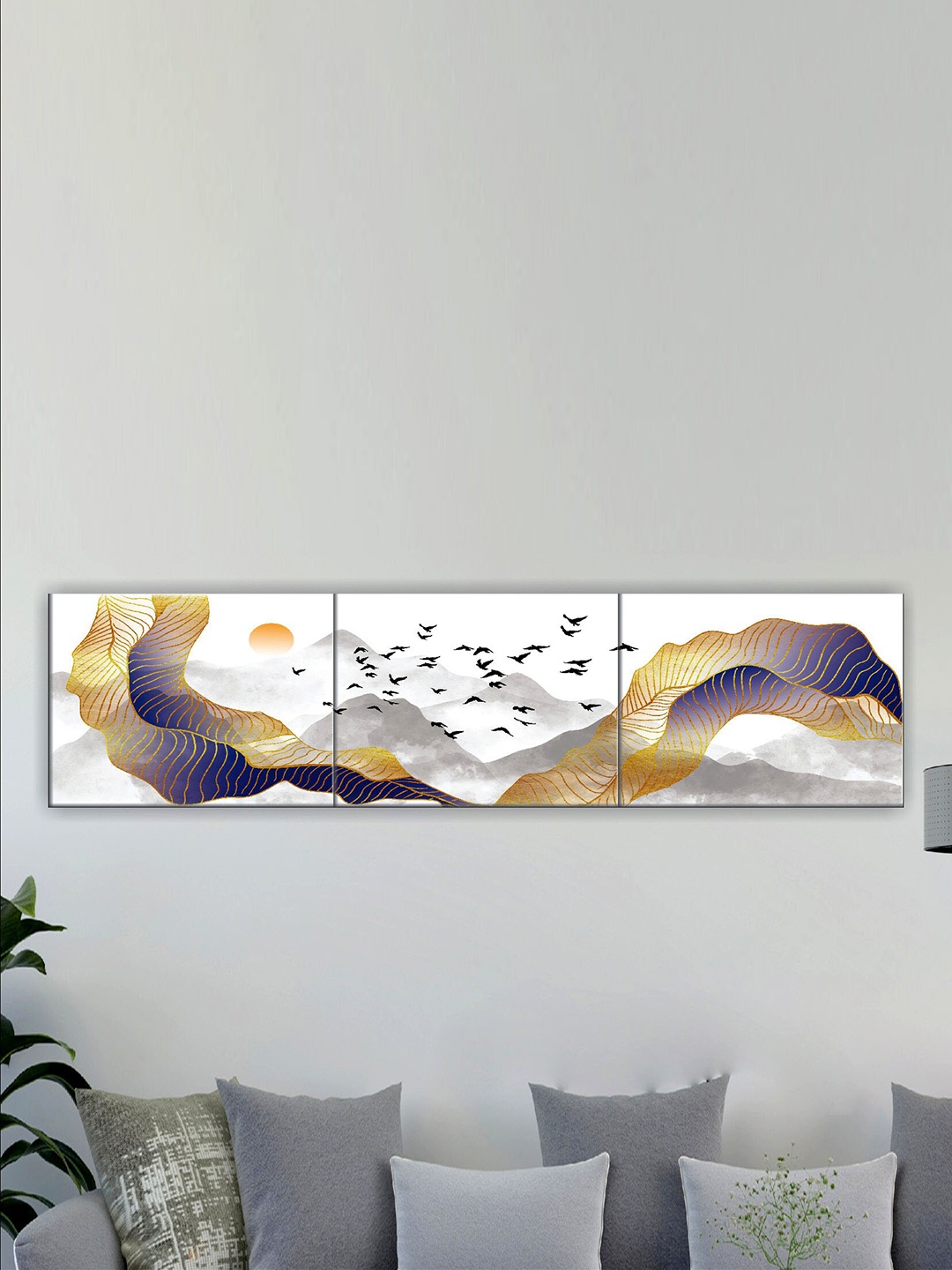 

SAF White & Gold Toned 3 Pieces Modern Art Abstract Painting UV Coating Finish Wall Arts