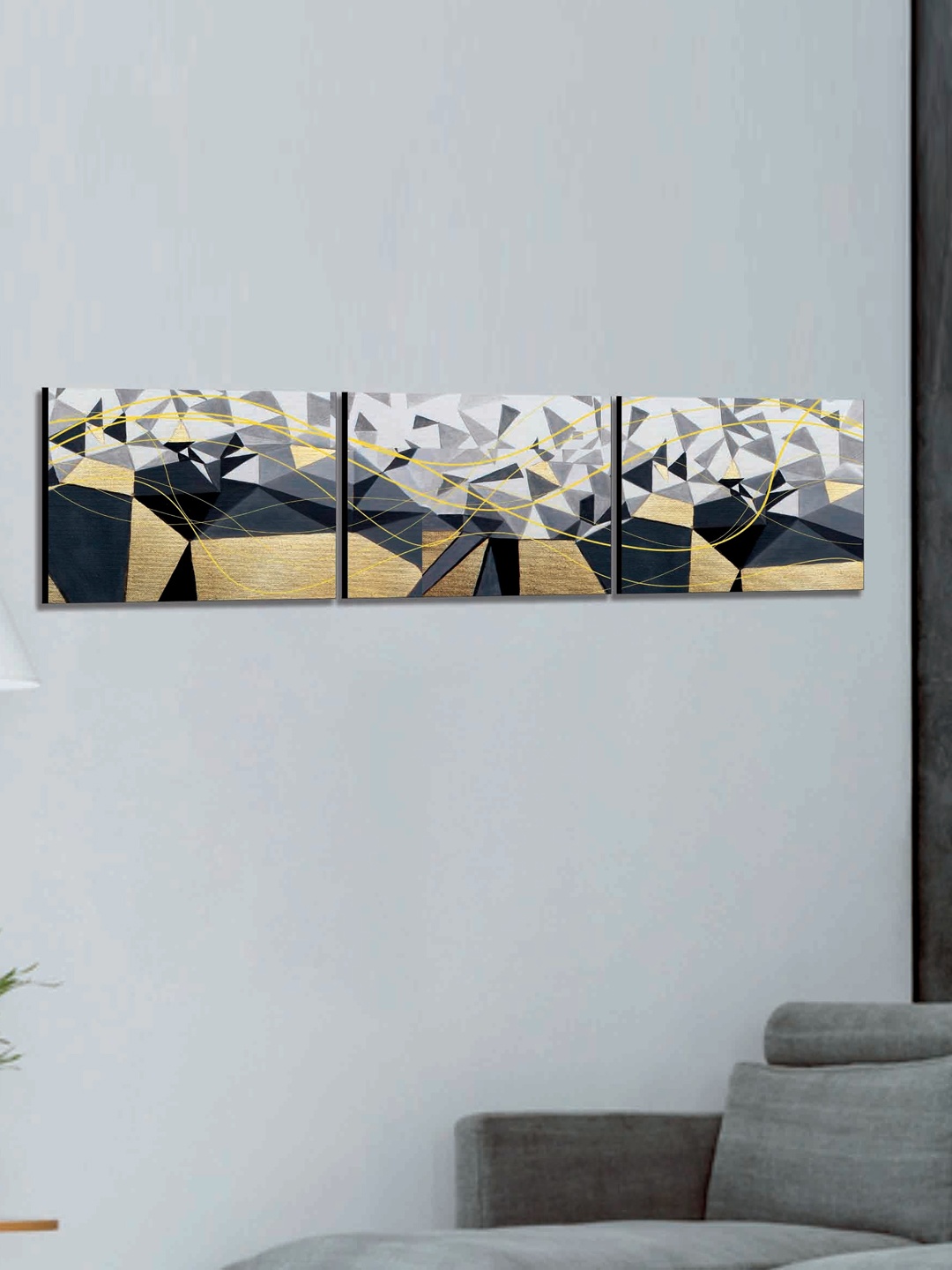 

SAF Grey & Gold 3-Pieces Modern Art Printed UV Coating Wall Art