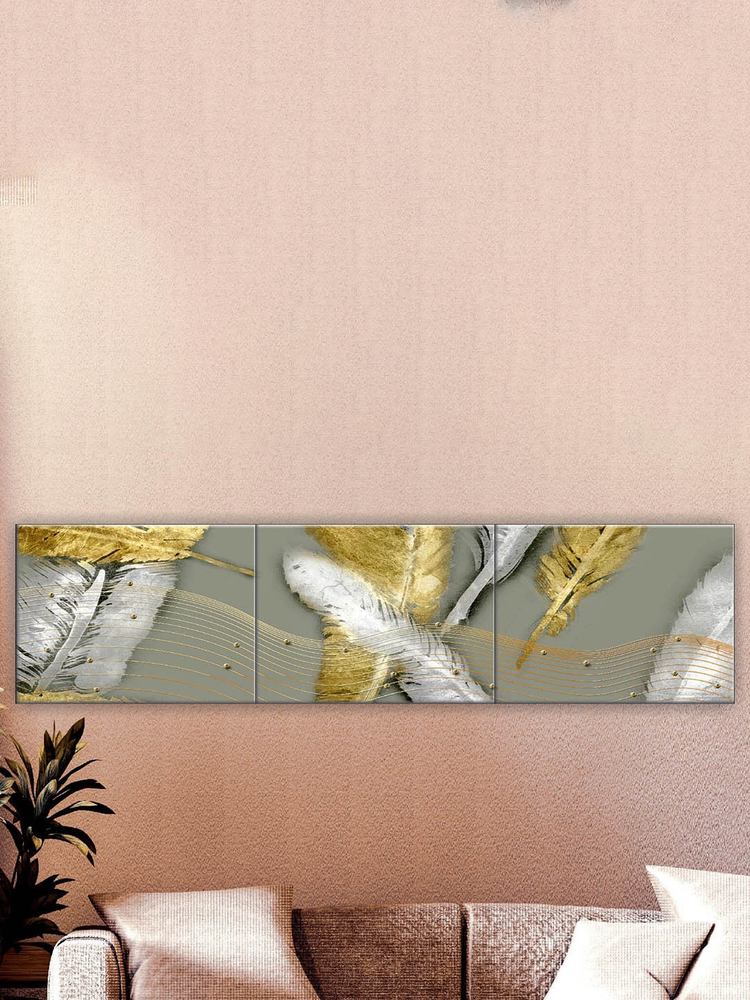 

SAF Green & White 3 Pieces Modern Art Printed UV Coating Wall Art