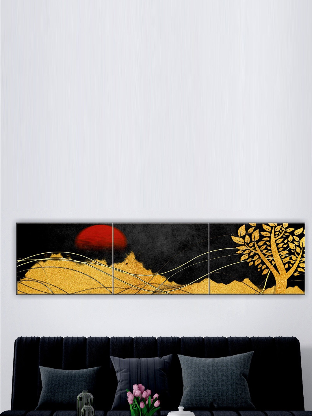 

SAF Black & Yellow 3 Pieces Modern Art Printed UV Coating Wall Art