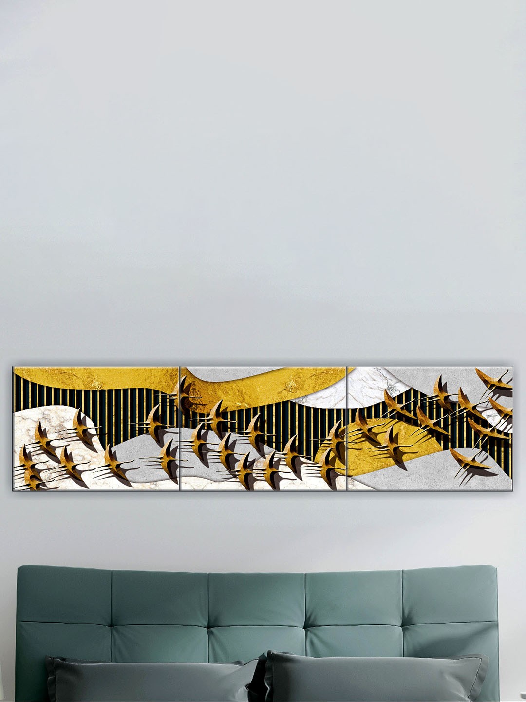 

SAF Yellow & Black 3 Pieces Modern Painted Wall Art