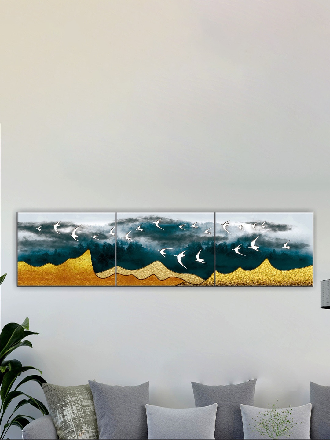 

SAF Green & Gold 3 Pieces Modern Art Printed UV Coating Wall Art