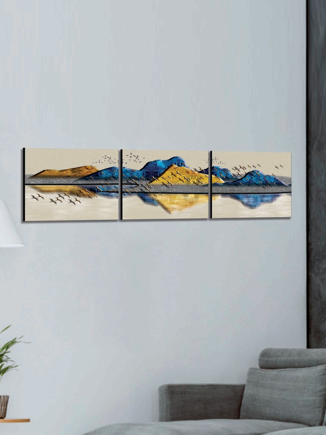 

SAF Blue & Gold 3 Pieces Modern Art Abstract Painting Wall Arts
