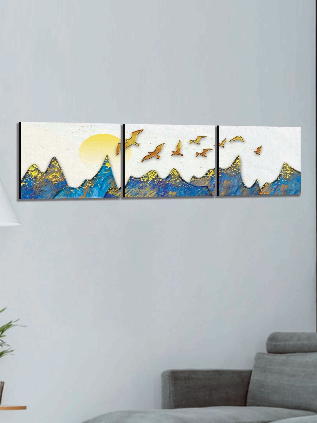 

SAF White & Blue 3 Pieces Modern Art Printed UV Coating Wall Art