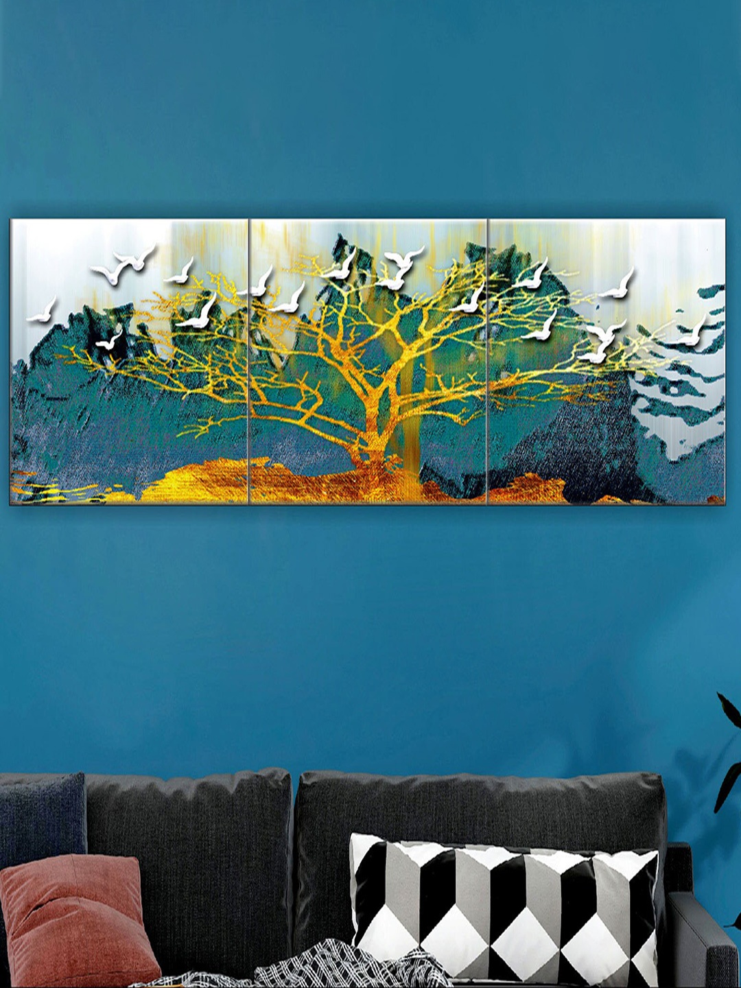 

SAF 3 Pieces Blue & Yellow Modern Painting Framed Wall Art