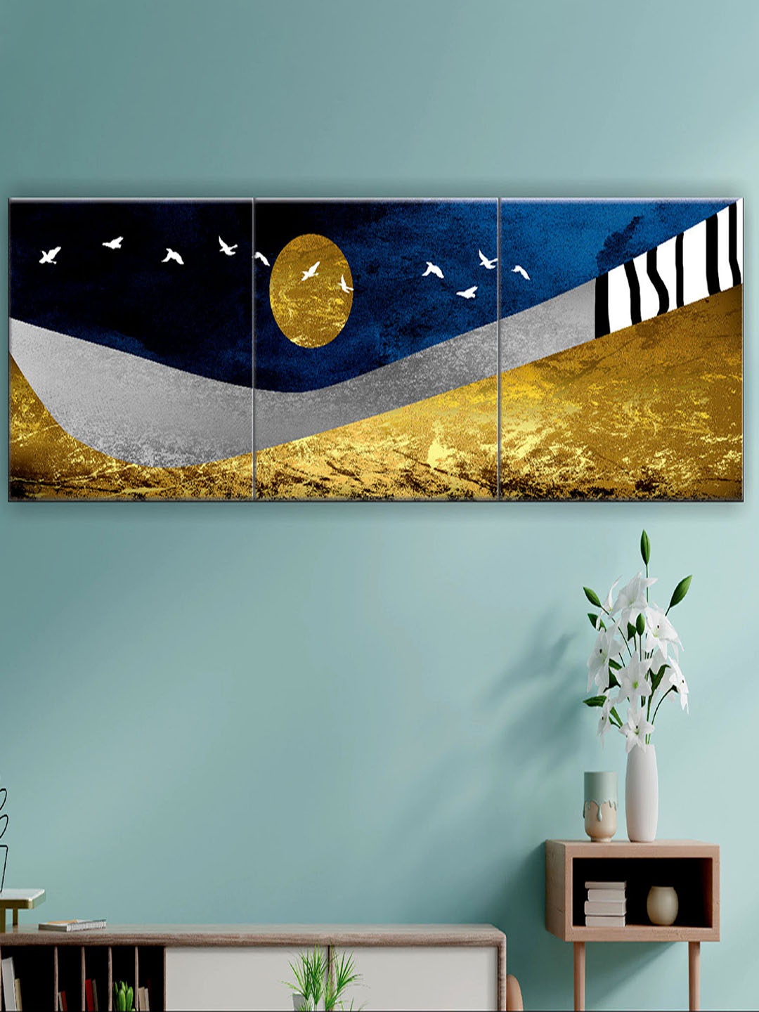 

SAF Blue & Gold Toned 3 Pieces Modern Art Abstract Painting UV Coating Finish Wall Arts
