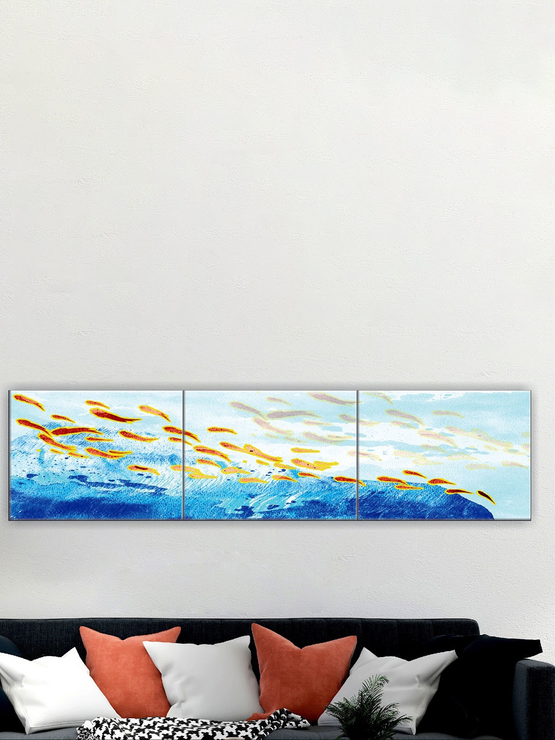 

SAF Blue & Yellow 3 Pieces Modern Art Abstract Painting Wall Arts