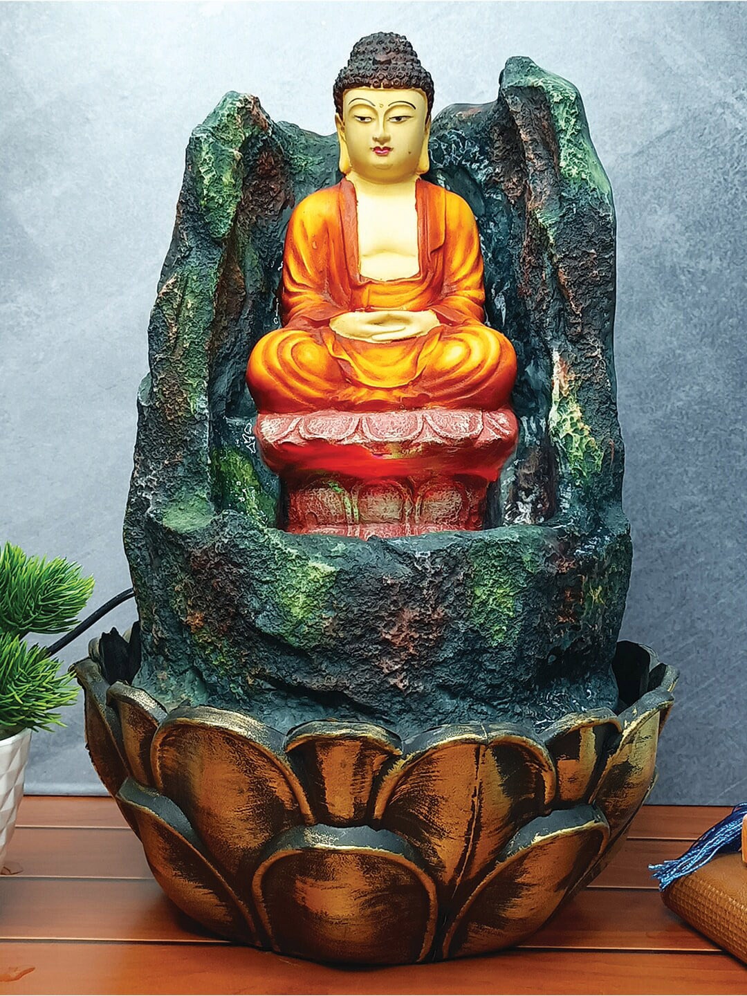 

WENS Green & Orange-Colored Buddha Indoor Polyresin Water Fall Fountain With Led Lights