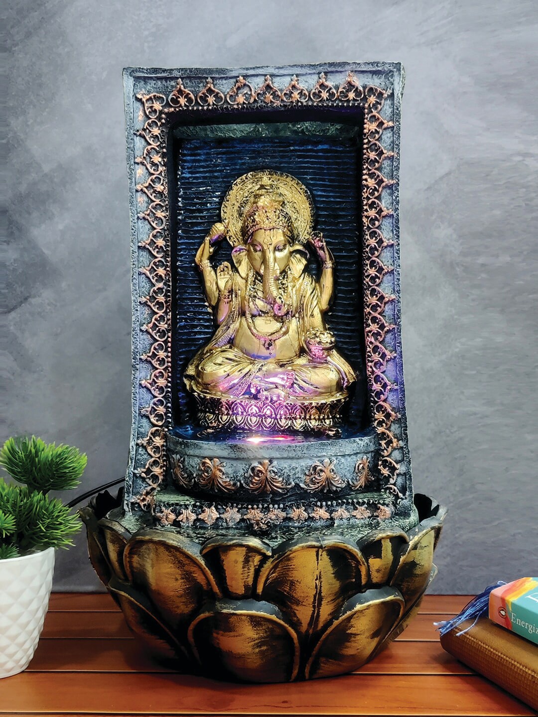 

WENS Grey & Gold-Toned Lord Ganesha Indoor Polyresin Water Fall Fountain With Led Lights