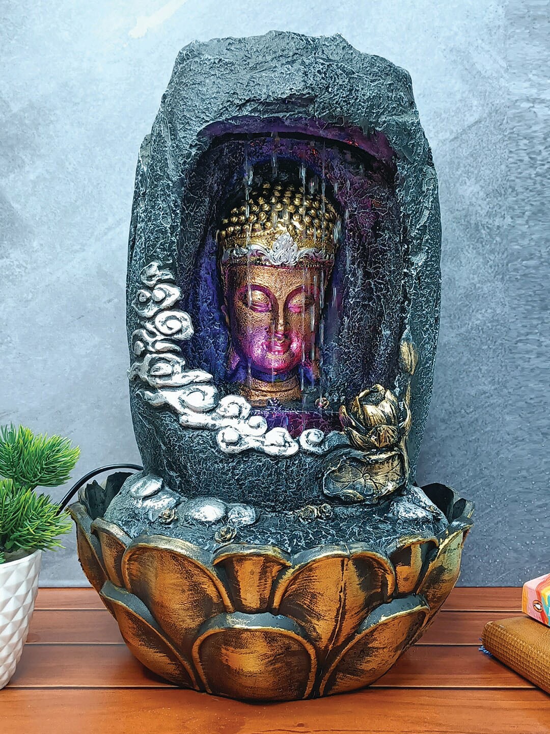 

WENS Grey & Gold-Toned Buddha Indoor Polyresin Water Fall Fountain With Led Lights