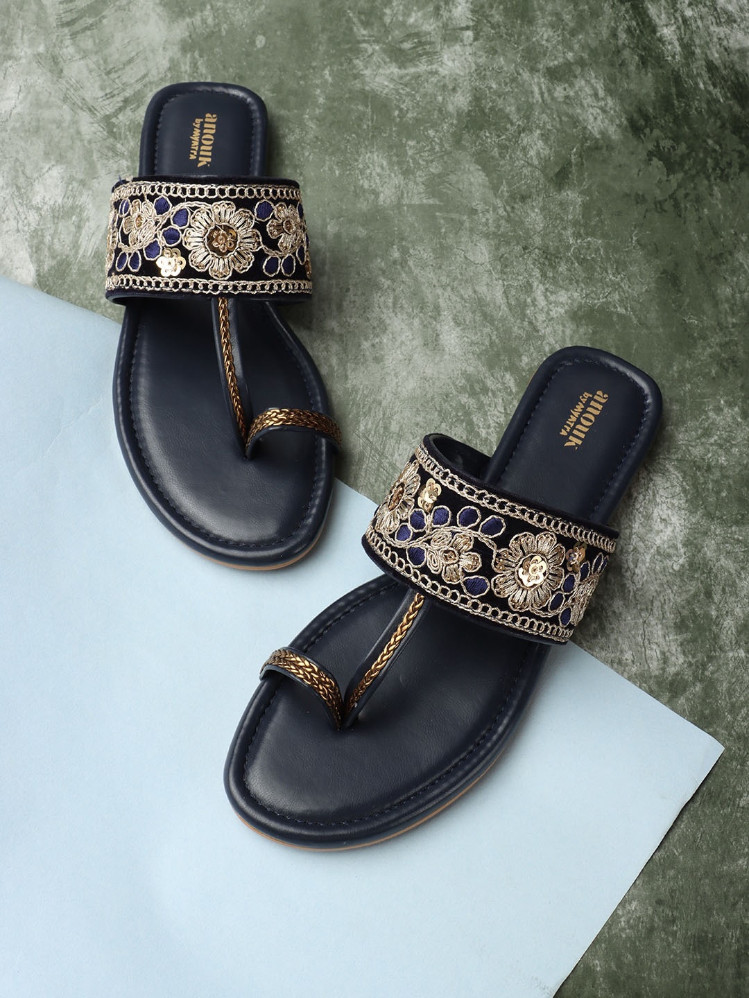 

Anouk Navy Blue & Gold Toned Embellished Embroidered Open One Toe Flats