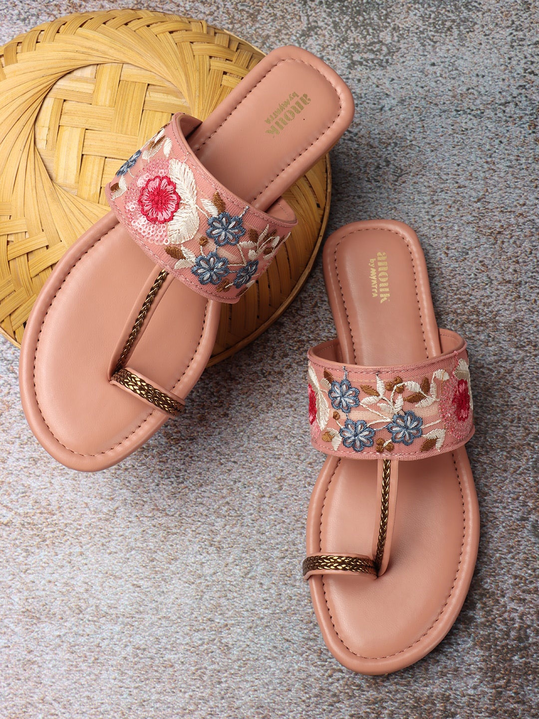 

Anouk Peach-Coloured & Blue Embellished Embroidered Open One Toe Flats