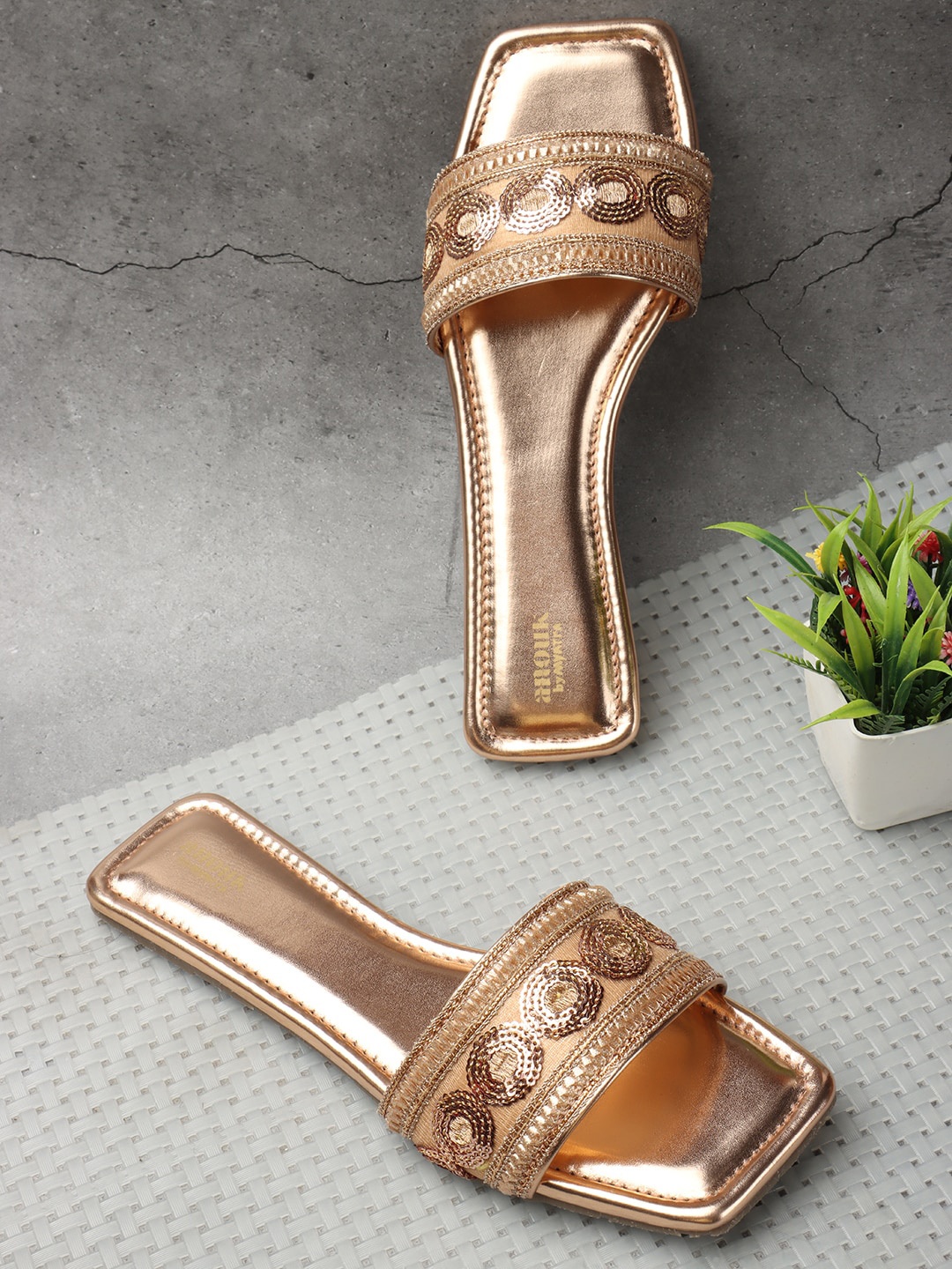 

Anouk Copper-Toned Embellished Embroidered Open Toe Flats