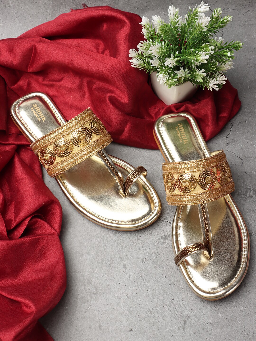 

Anouk Gold-Toned Embellished Embroidered Open One Toe Flats