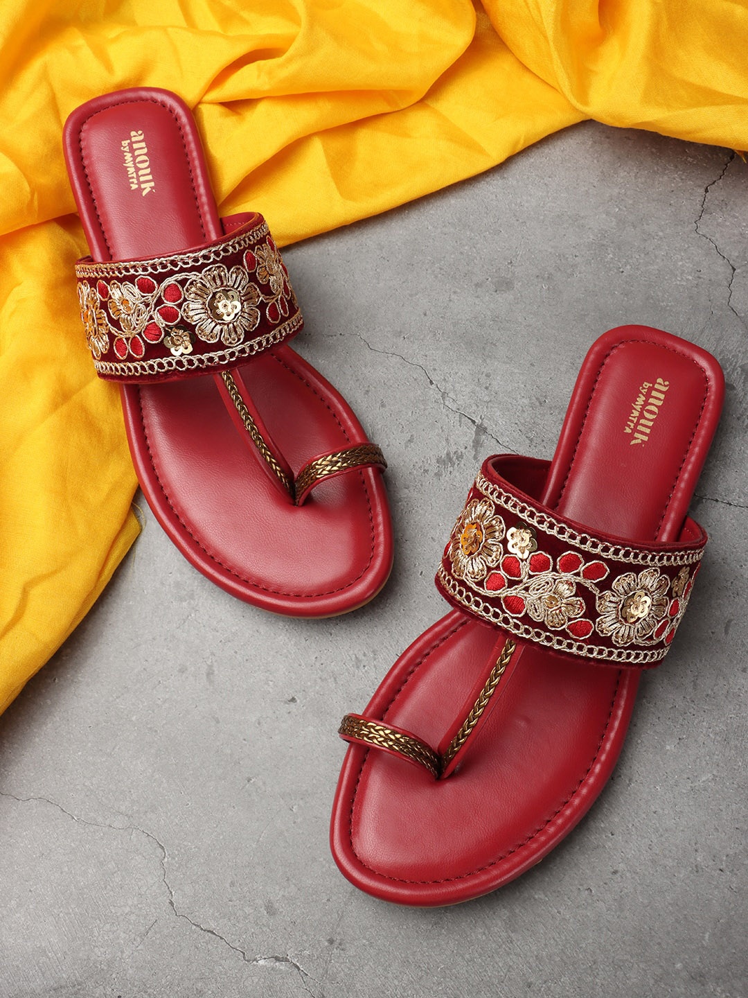 

Anouk Maroon & Gold Toned Embellished Embroidered Open One Toe Flats