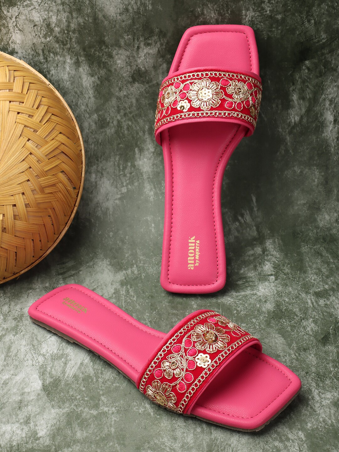 

Anouk Pink & Gold Toned Embellished Embroidered Open Toe Flats