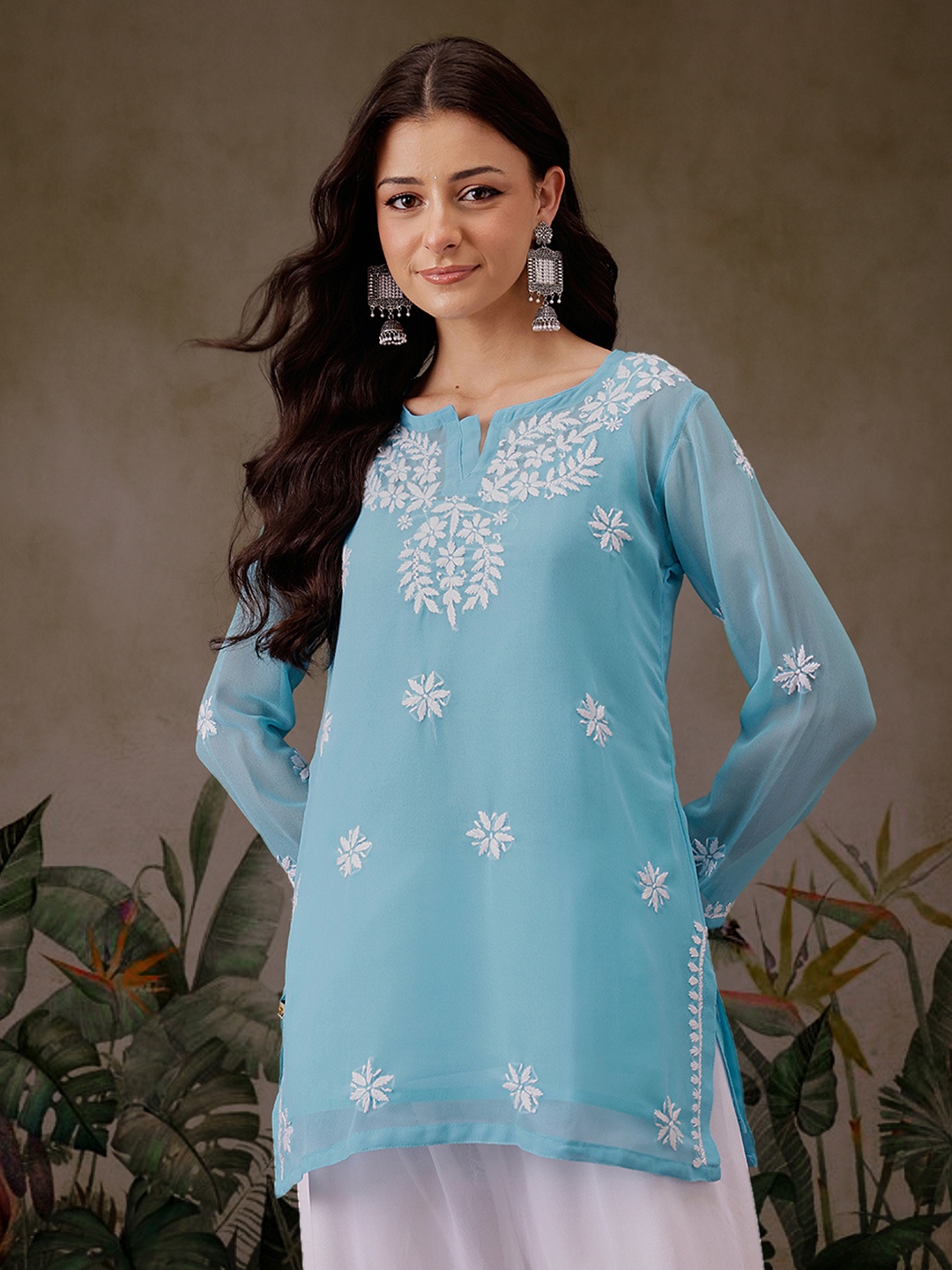 

ADA Floral Embroidered Chikankari Kurti with Slip, Turquoise blue