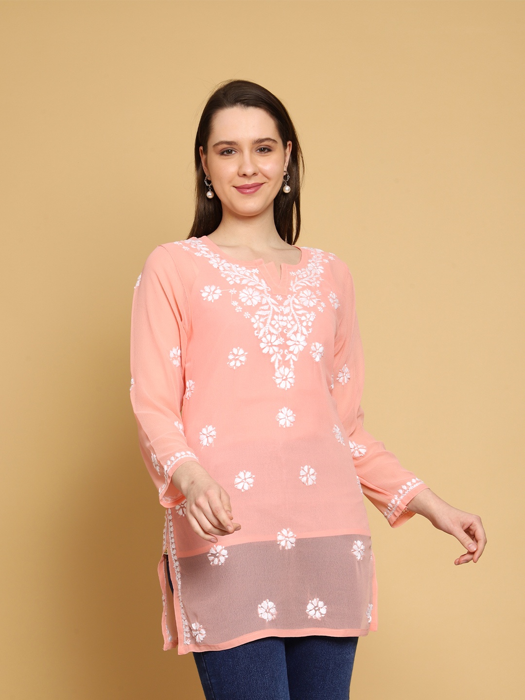 

ADA Floral Embroidered Chikankari Kurti with Slip, Peach