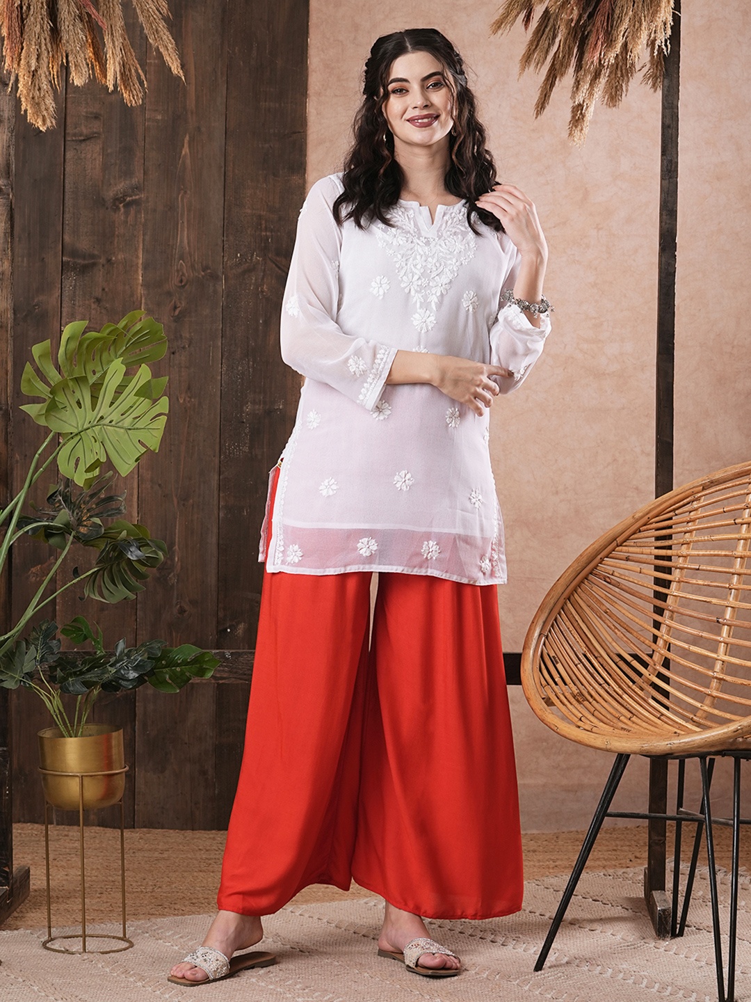 

ADA Floral Embroidered Chikankari Kurti with Slip, White