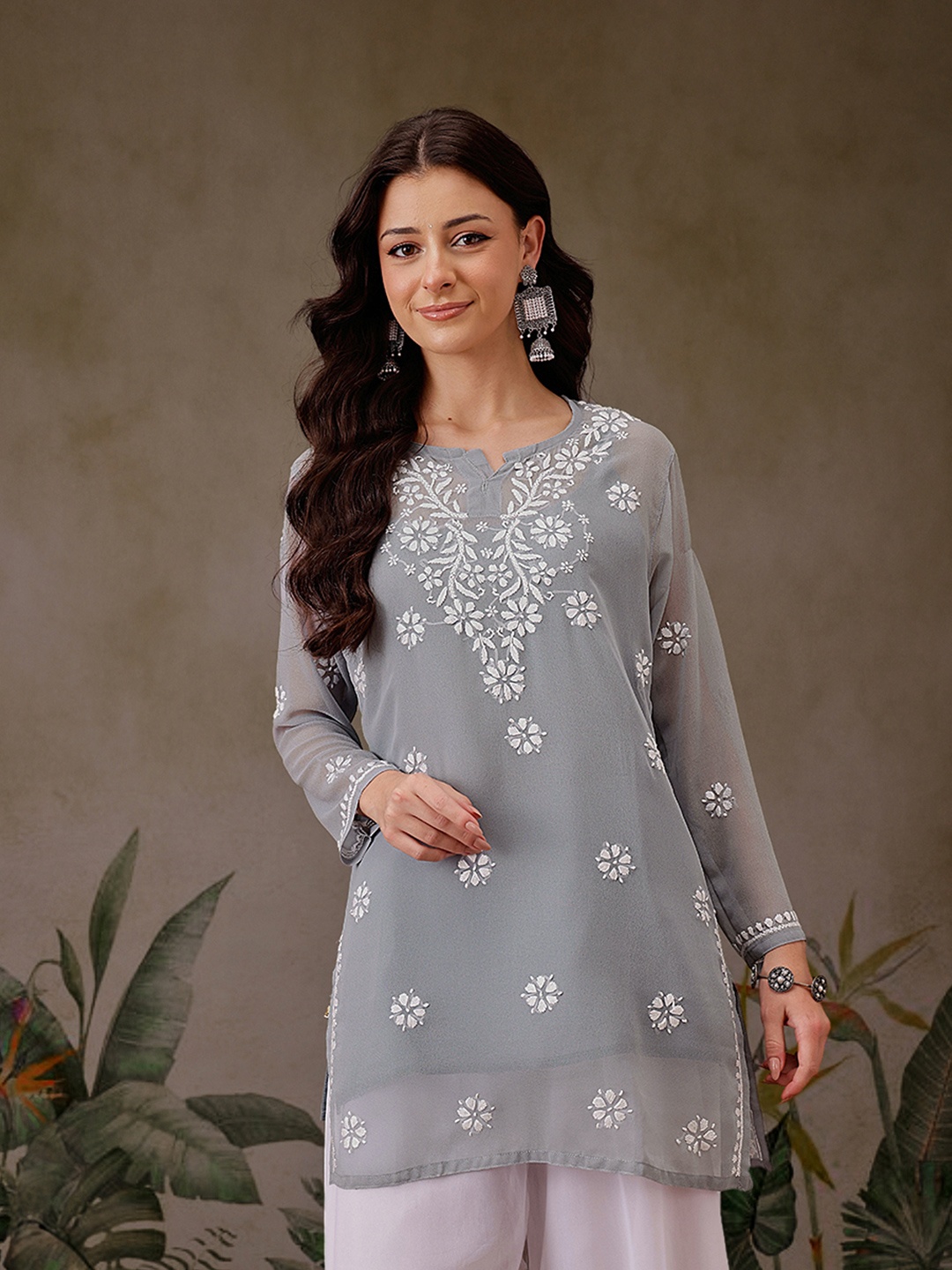 

ADA Floral Embroidered Chikankari Kurti with Slip, Grey