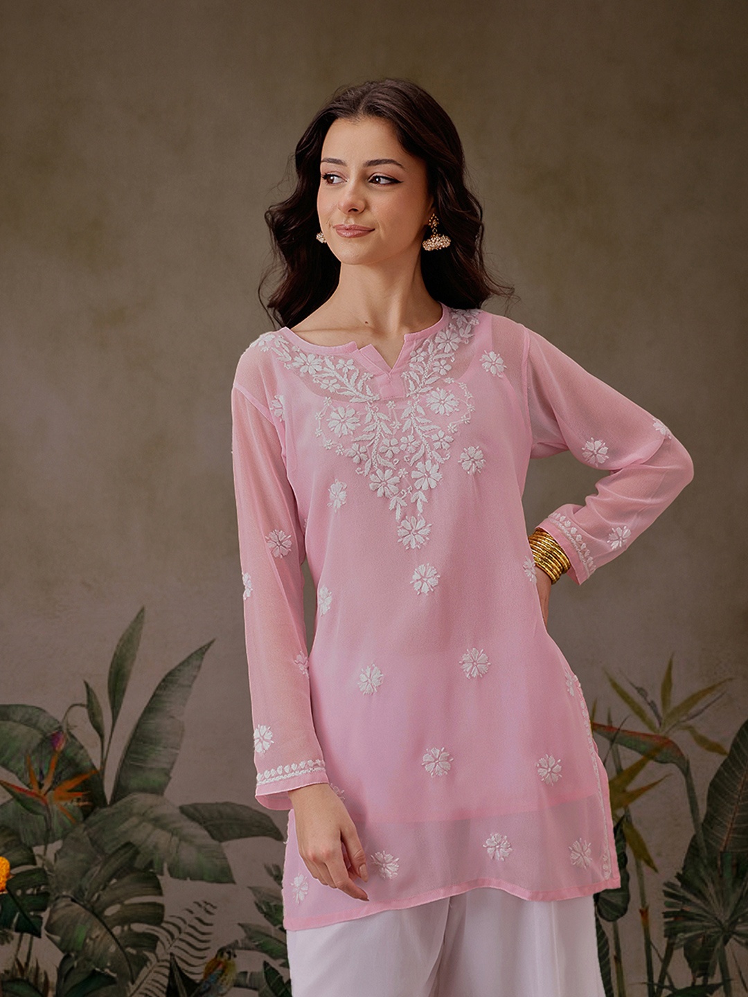 

ADA Floral Embroidered Chikankari Kurti with Slip, Pink