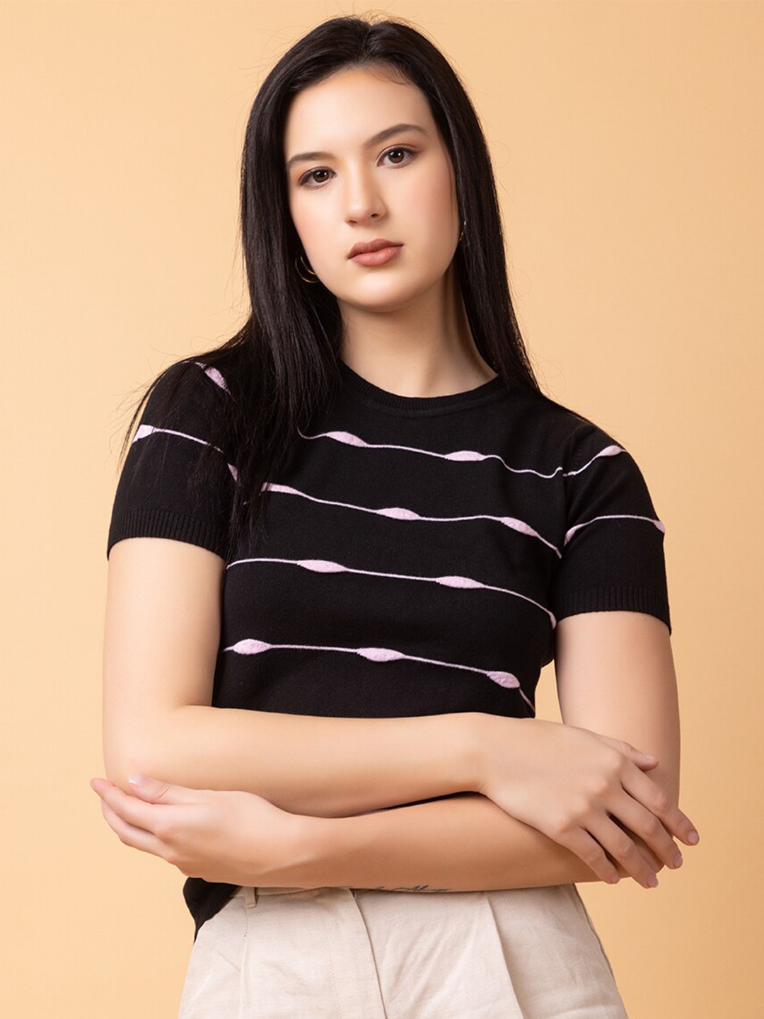 

ARMISTO Striped Pure Cotton Knit T-shirt, Black