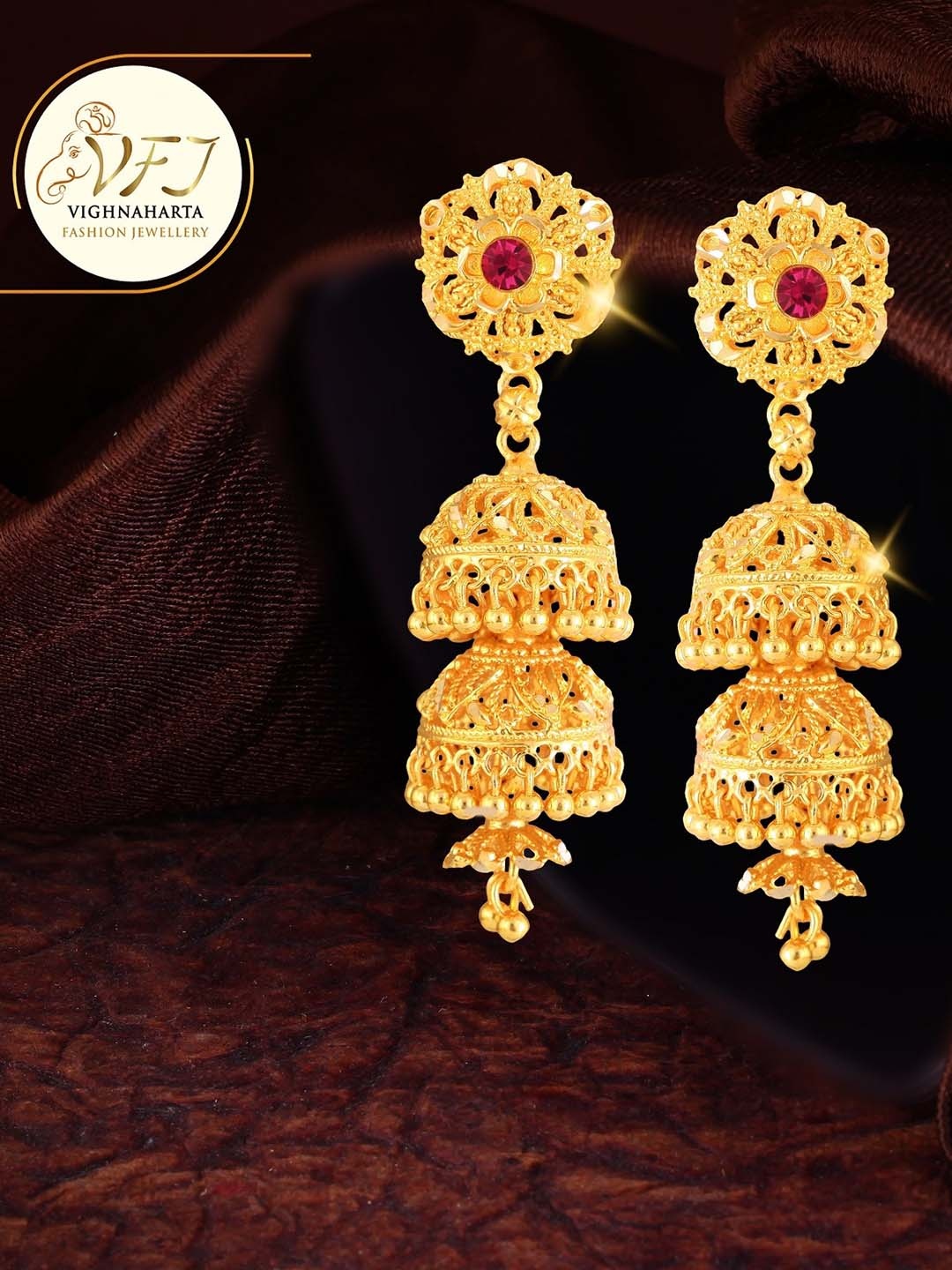Vighnaharta Gold-Plated Artificial Stones Dome Shaped Jhumkas