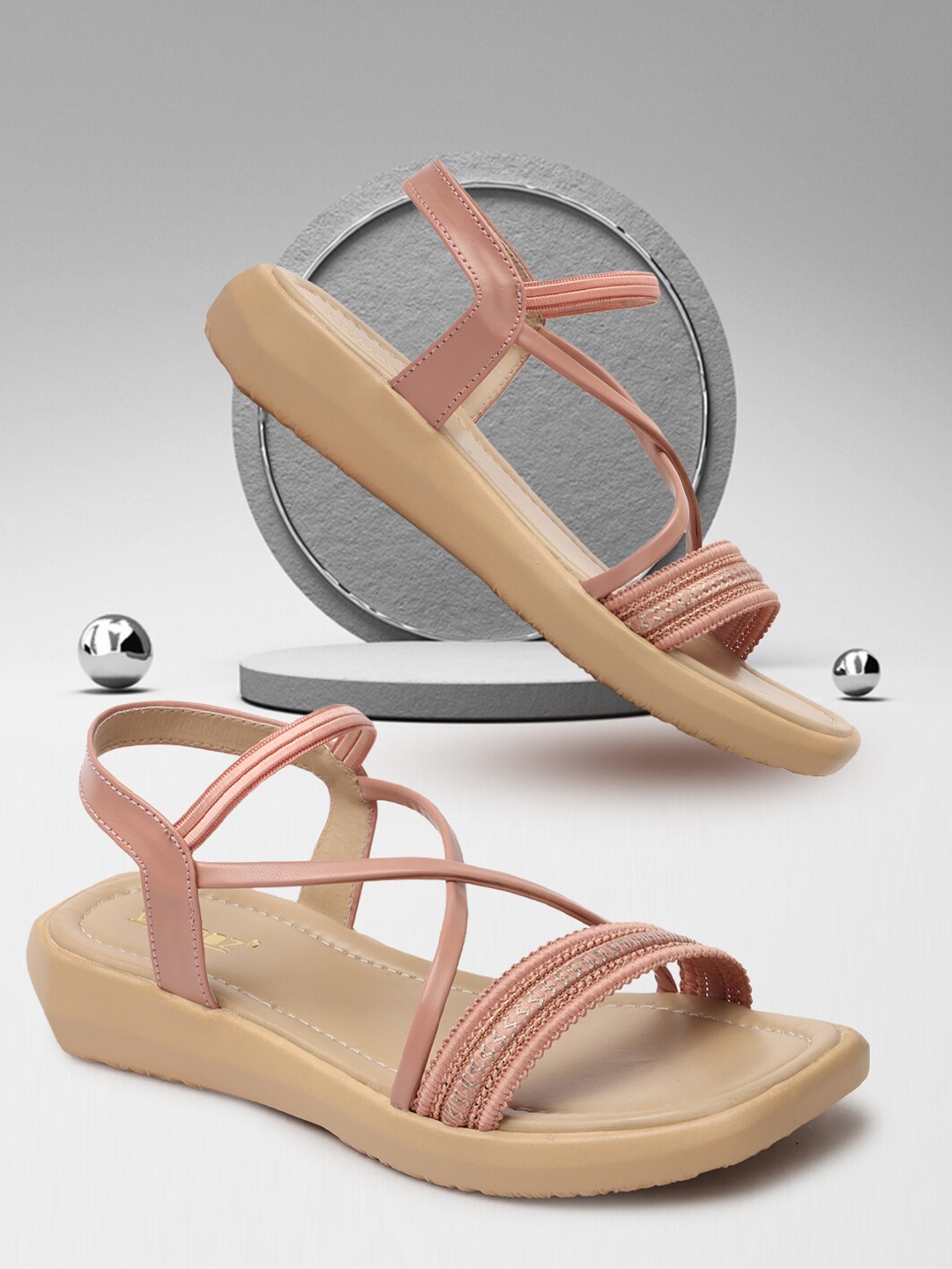 

VENDOZ Textured Open Toe Flats With Backstrap, Rose