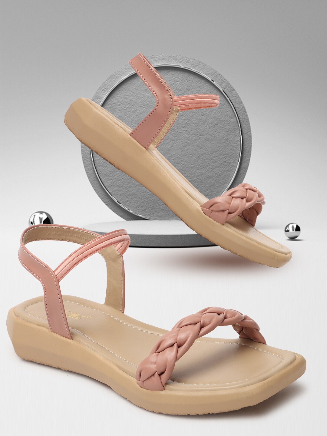 

VENDOZ Braided Open Toe Flats With Backstrap, Peach