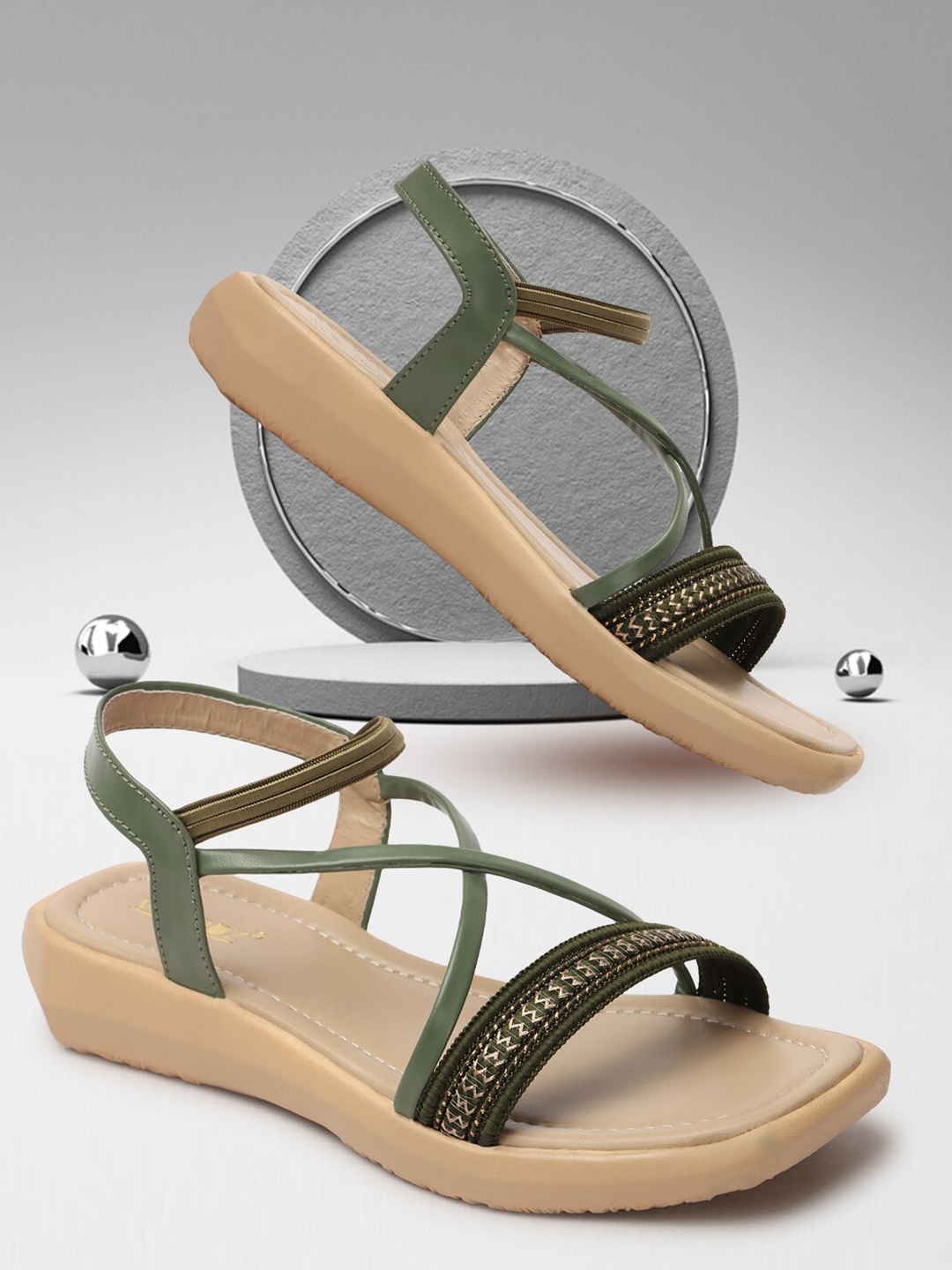 

VENDOZ Textured Open Toe Flats With Backstrap, Olive