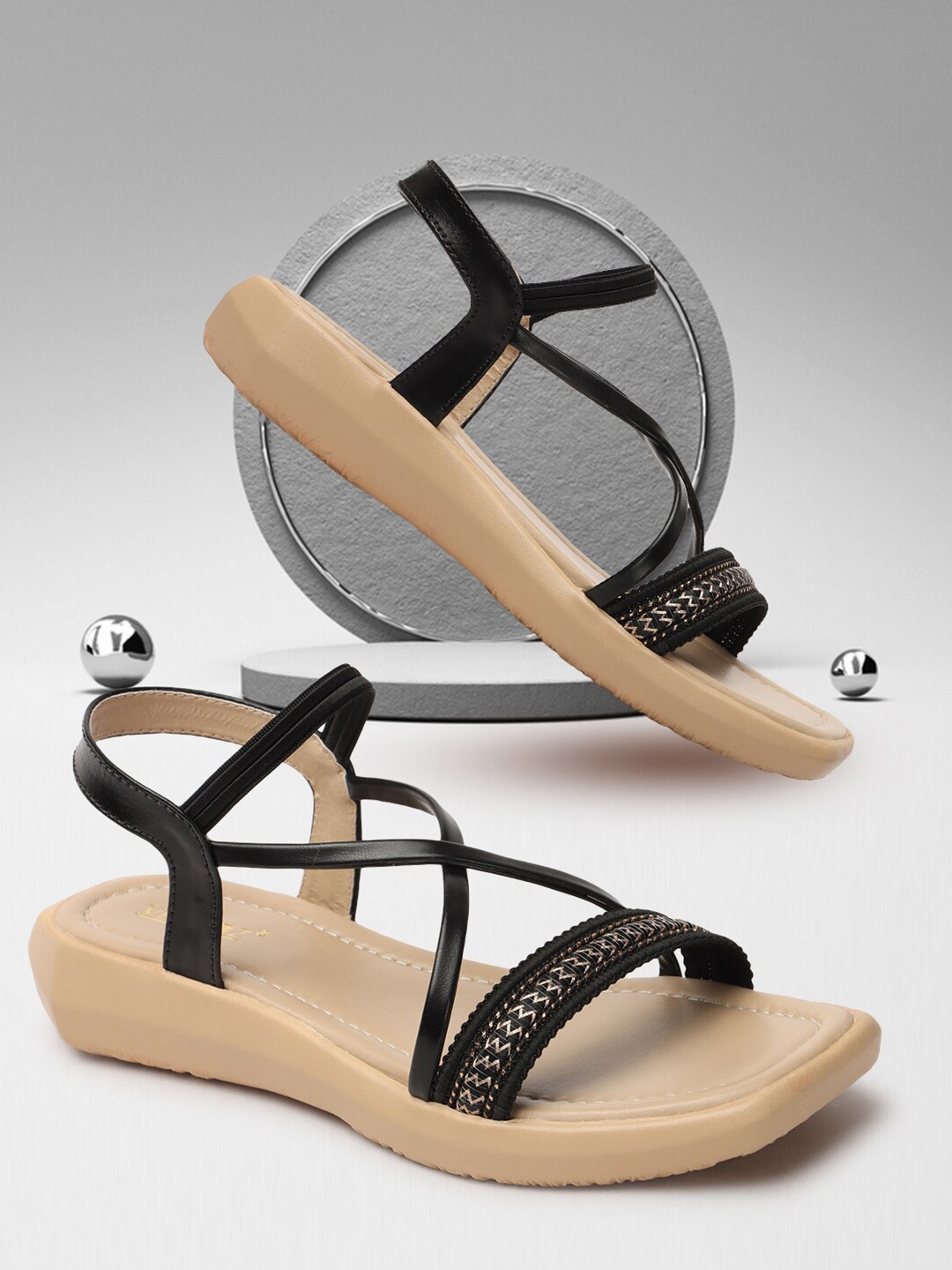 

VENDOZ Textured Open Toe Flats With Backstrap, Black