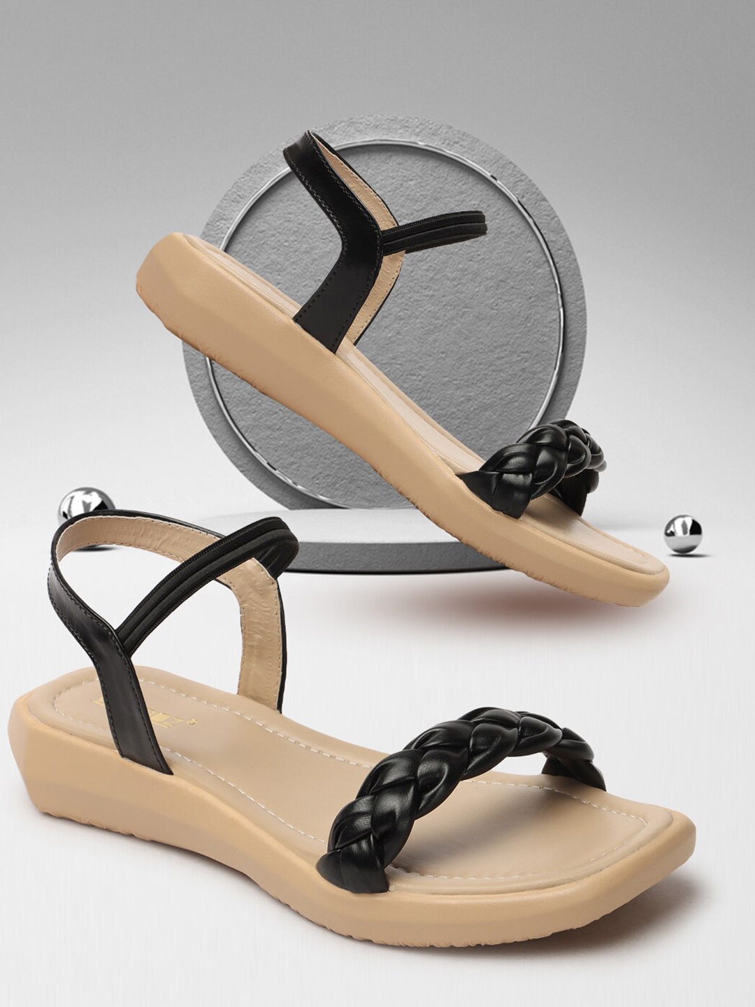 

VENDOZ Braided Strap Open Toe Flats, Black