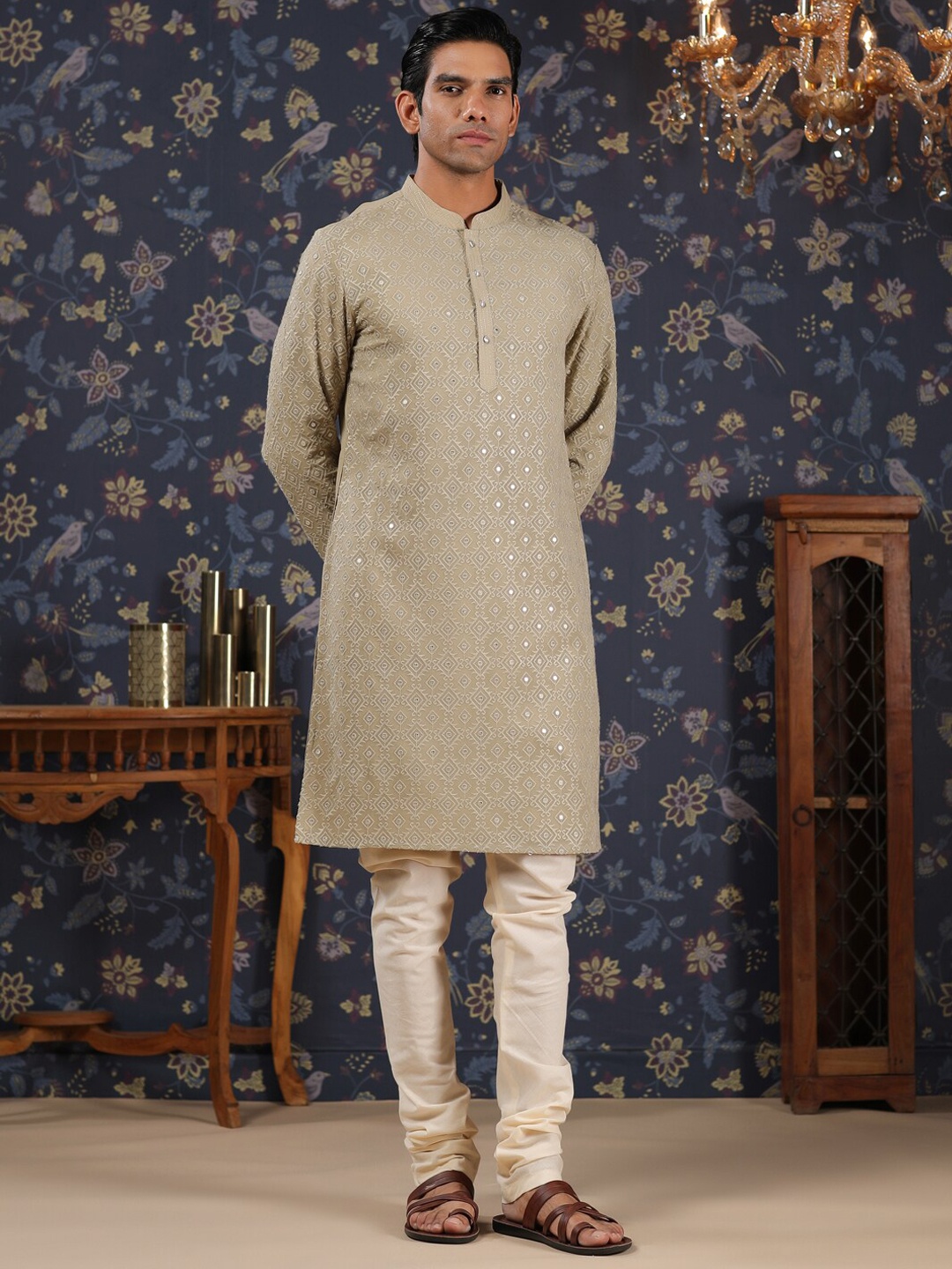 

House of Pataudi Ethnic Motifs Embroidered Sequined Georgette Kurta With Churidar, Beige