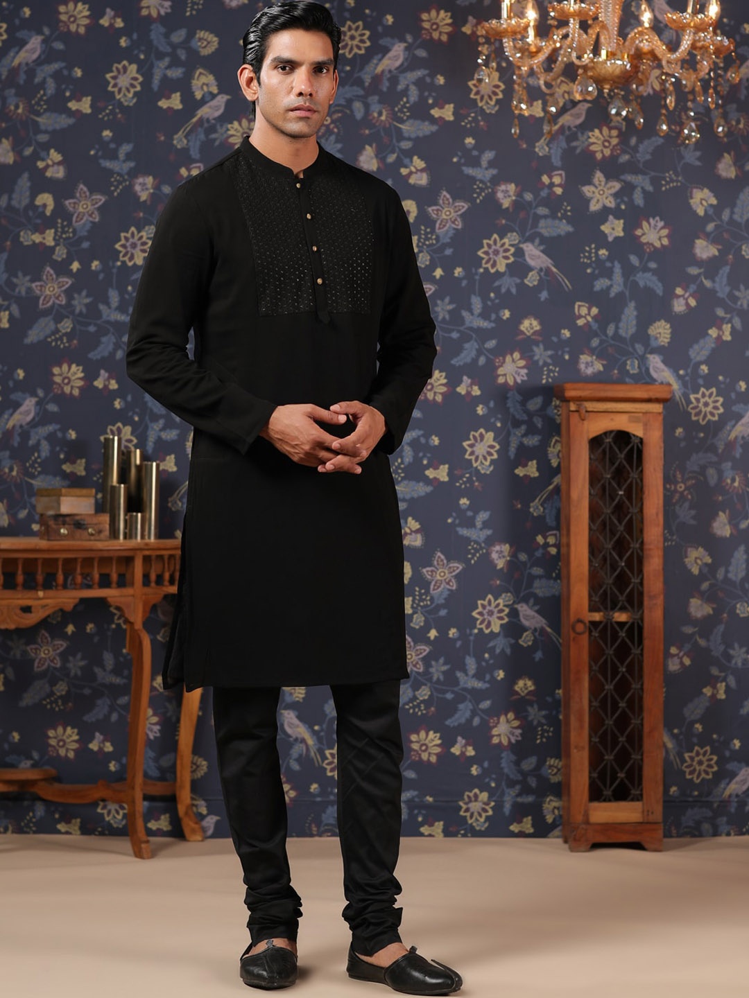 

House of Pataudi Yoke Design Mandarin Collar Sequinned Kurta With Churidar, Black