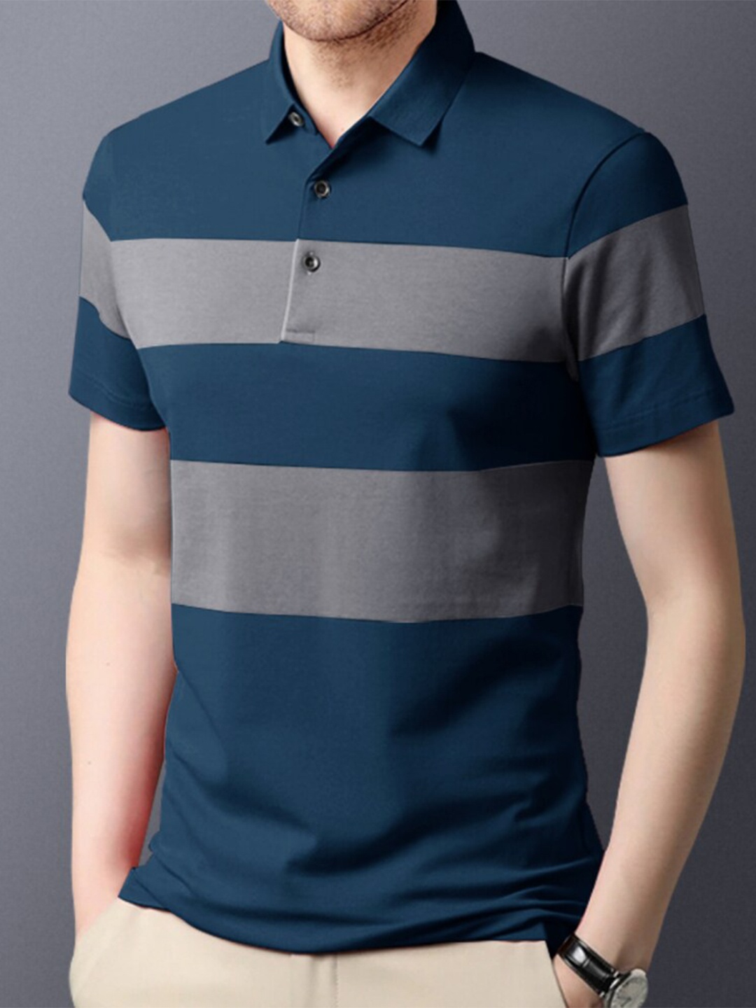 

Eyebogler Striped Polo Collar Cotton T-shirt, Teal
