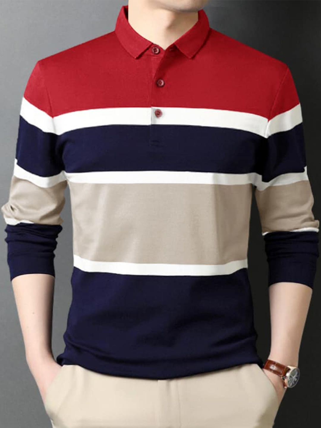 

Eyebogler Striped Polo Collar Long Sleeve Cotton T-shirt, Red