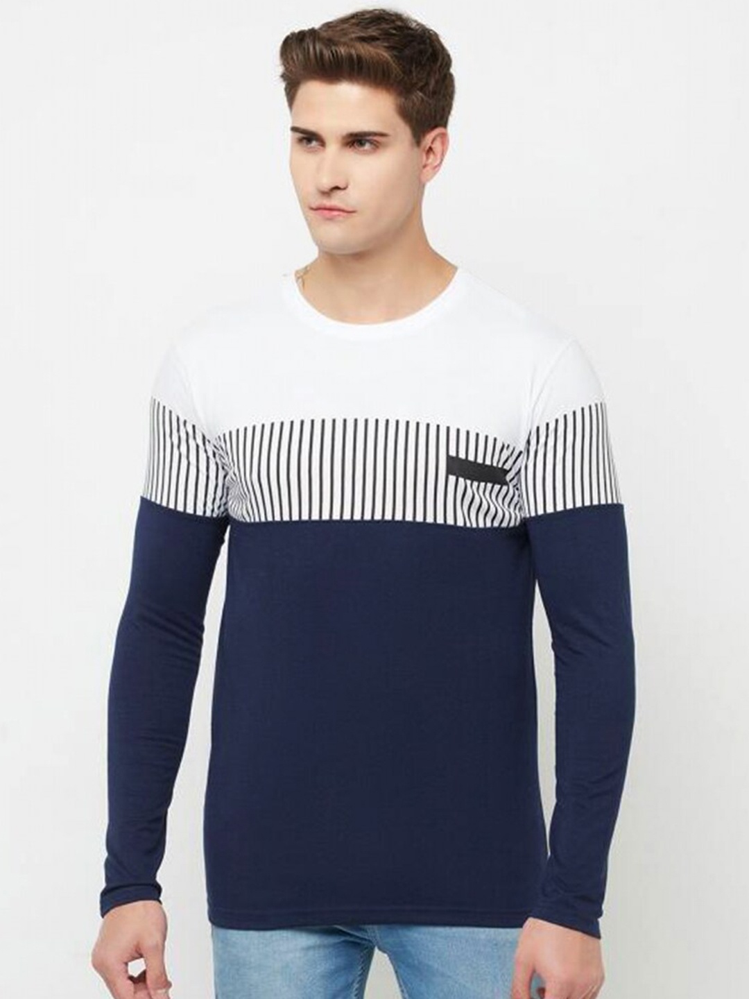 

Eyebogler Striped Full Sleeve Cotton T-shirt, Navy blue